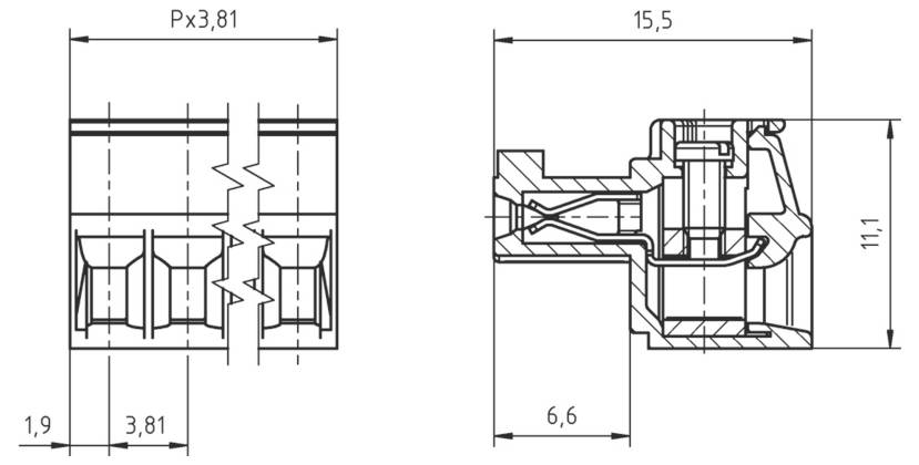 Technische Zeichnung eines elektronischen Vier-Pin-Bauteils. Die Abmessungen für Höhe, Breite und Abstand zwischen den Anschlüssen sind in Millimetern angegeben.