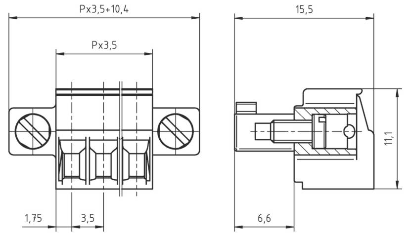Technische Zeichnung eines mechanischen Teils mit zwei Ansichten und Abmessungen. Die Vorderansicht zeigt drei zylindrische Elemente, und die Seitenansicht zeigt Schnittdetails.