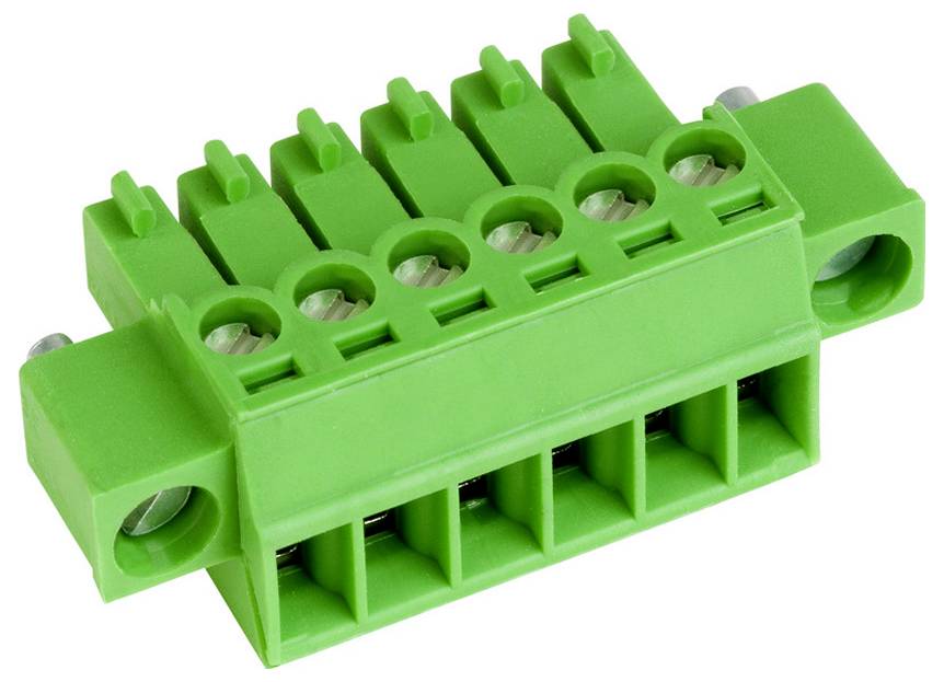 Ein grüner elektrischer Klemmenblock mit fünf Anschlusspunkten, ausgestattet mit Schraubklemmen zur Drahtbefestigung auf jeder Seite.