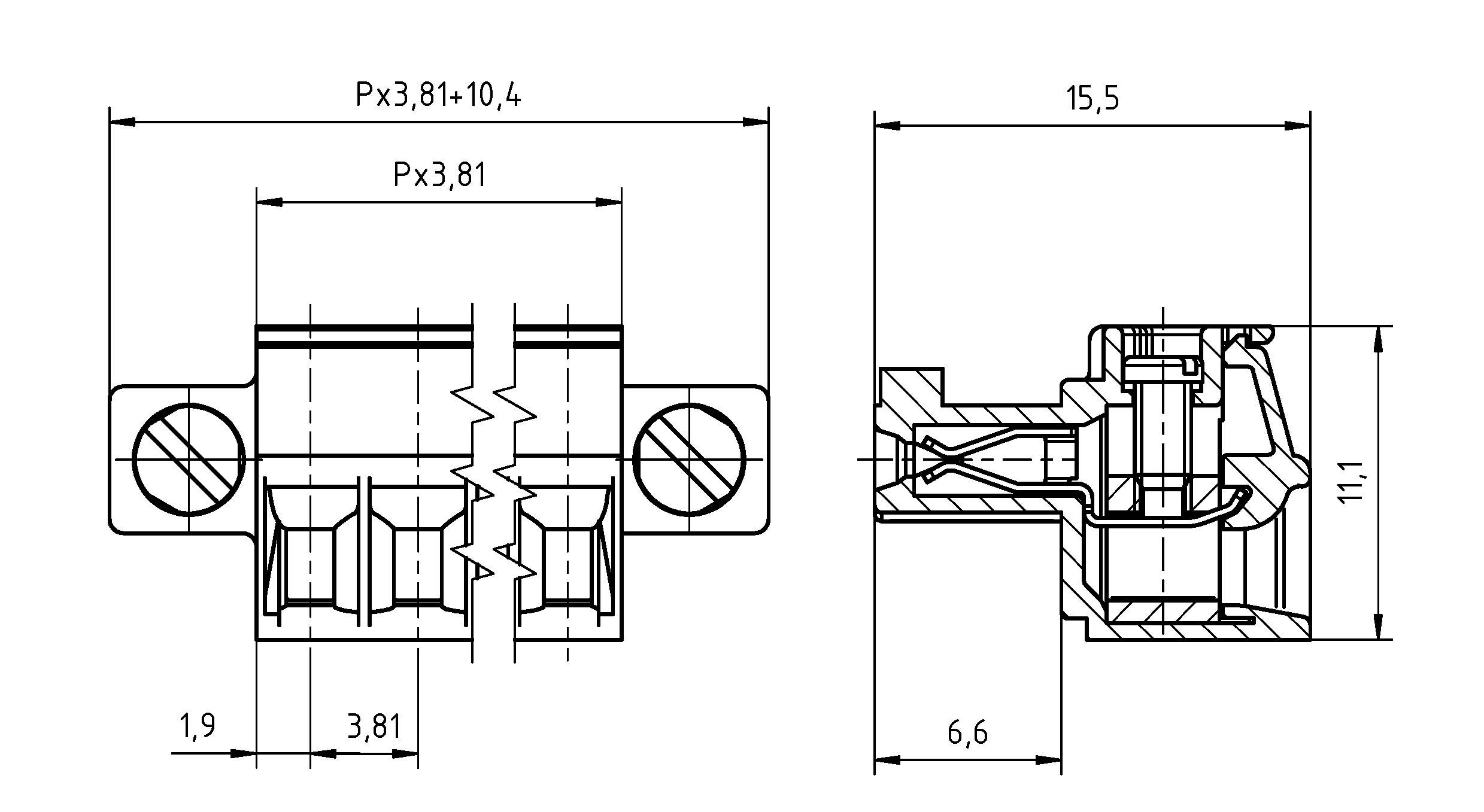 Technische Zeichnung einer mechanischen Komponente mit Abmessungen: Breite 3,81, Länge 10,4, Höhe 15,5. Die Schnittansicht zeigt interne Details.