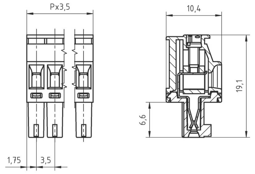 Technische Zeichnung eines elektrischen Steckers mit gekennzeichneten Abmessungen. Vorderansicht zeigt die Stiftplatzierung, Seitenansicht zeigt Querschnittsdetails.