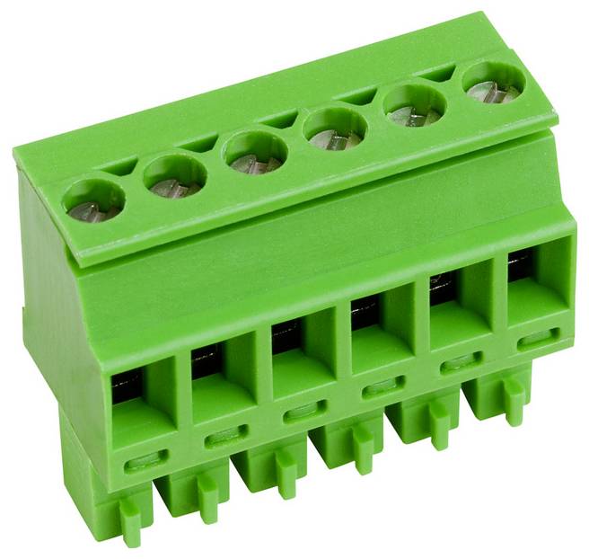 Ein grünes Klemmenblock mit sechs Schraubklemmen für elektrische Verbindungen, das häufig in elektronischen Schaltungsanordnungen verwendet wird.