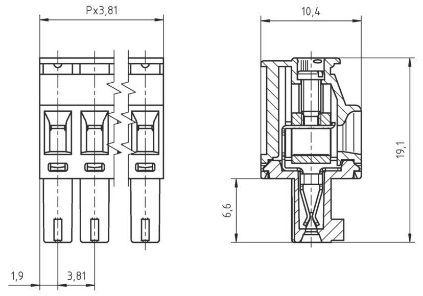 Technische Zeichnung eines elektrischen Bauteils mit angegebenen Abmessungen: 3,81 mm Abstände, 10,4 mm Breite, 19,1 mm Höhe, 6,6 mm Abschnitt.