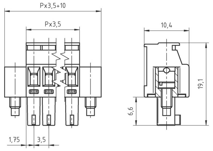 Technische Zeichnung eines Dreianschluss-Steckers mit Abmessungen: Breite 10,4 mm, Höhe 19,1 mm und Abstände von 3,5 mm zwischen den Kontakten.