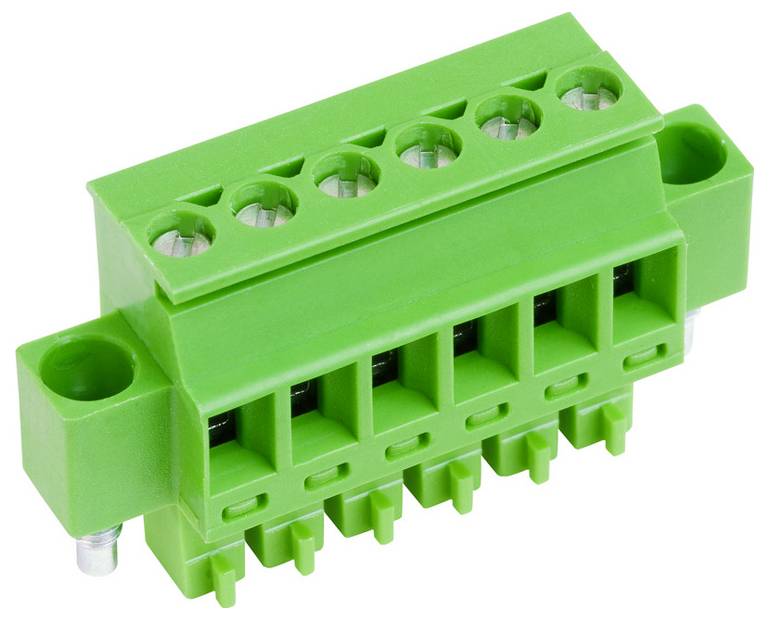 Ein grüner Klemmenblock mit sechs Anschlüssen und Schraubverbindungen, verwendet für die Verdrahtung von elektrischen Geräten.