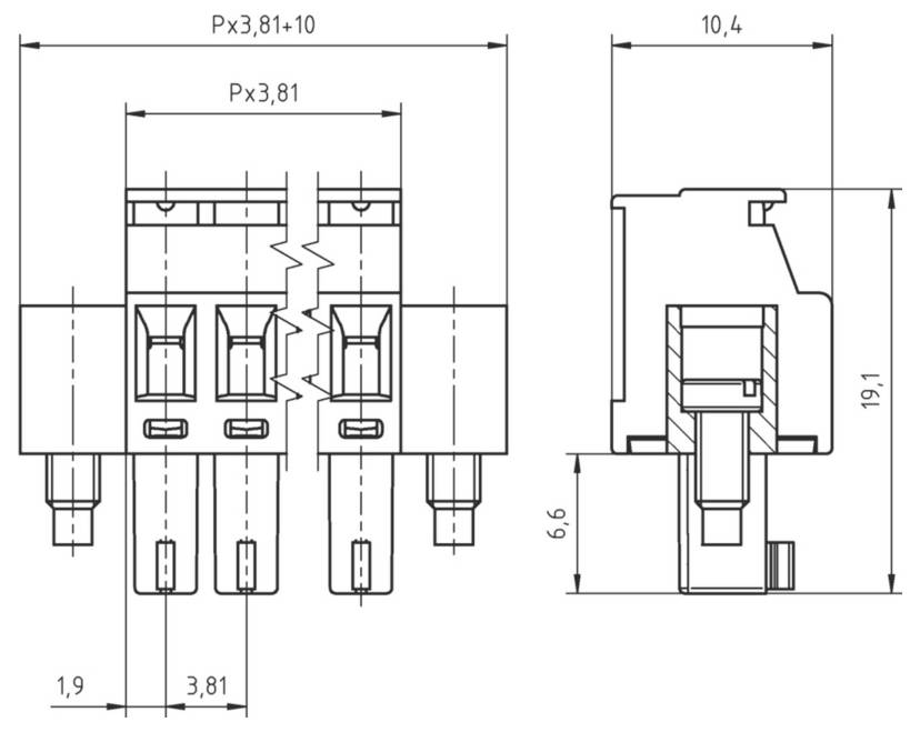 Technische Zeichnung einer elektronischen Komponente mit drei Anschlüssen, die Vorder- und Seitenansichten mit detaillierten Abmessungen in Millimetern zeigt.