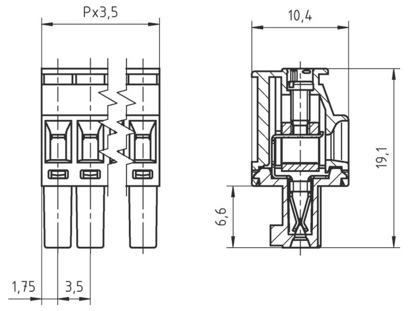 Technisches Diagramm eines Steckers mit Abmessungen: 3,5px Breite, 10,4 Länge, 19,1 Höhe, weitere Details umfassen 1,75, 3,5 und 6,6 Einheiten.