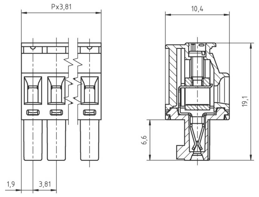 Technische Zeichnung von zwei elektrischen Komponenten mit Abmessungen: 3,81 mm Abstand zwischen Teilen, 10,4 mm Gesamtbreite, 19,1 mm Höhe.
