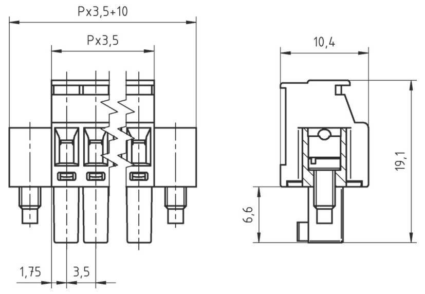 Technische Zeichnung eines elektrischen Steckers mit Abmessungen: 10,4 mm breit, 19,1 mm hoch. Details enthalten Stiftabstand und Komponentenabschnitte.