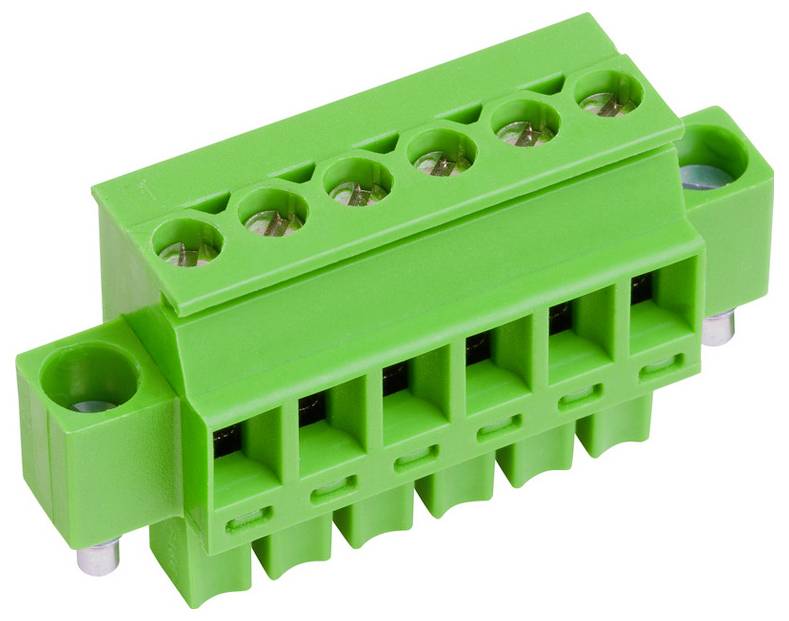 Ein grüner fünfpoliger elektrischer Klemmblock, verwendet zum Verbinden von Drähten in einem elektrischen Stromkreis, gezeigt mit Schraubklemmen oben.