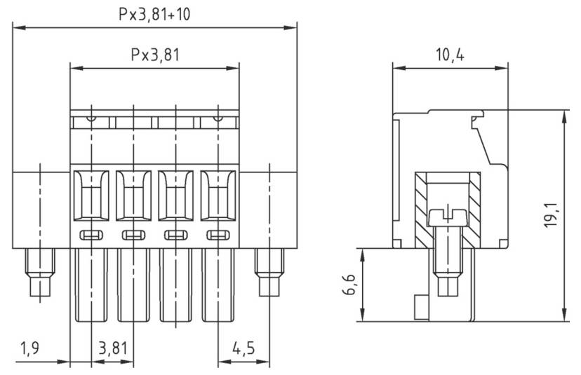 Diagramm, das einen Stecker mit Abmessungen zeigt: 3,81 x 10 Einheiten über den Anschlüsse, 10,4 Einheiten Breite und 19,1 Einheiten Höhe mit vier Anschlüssen.