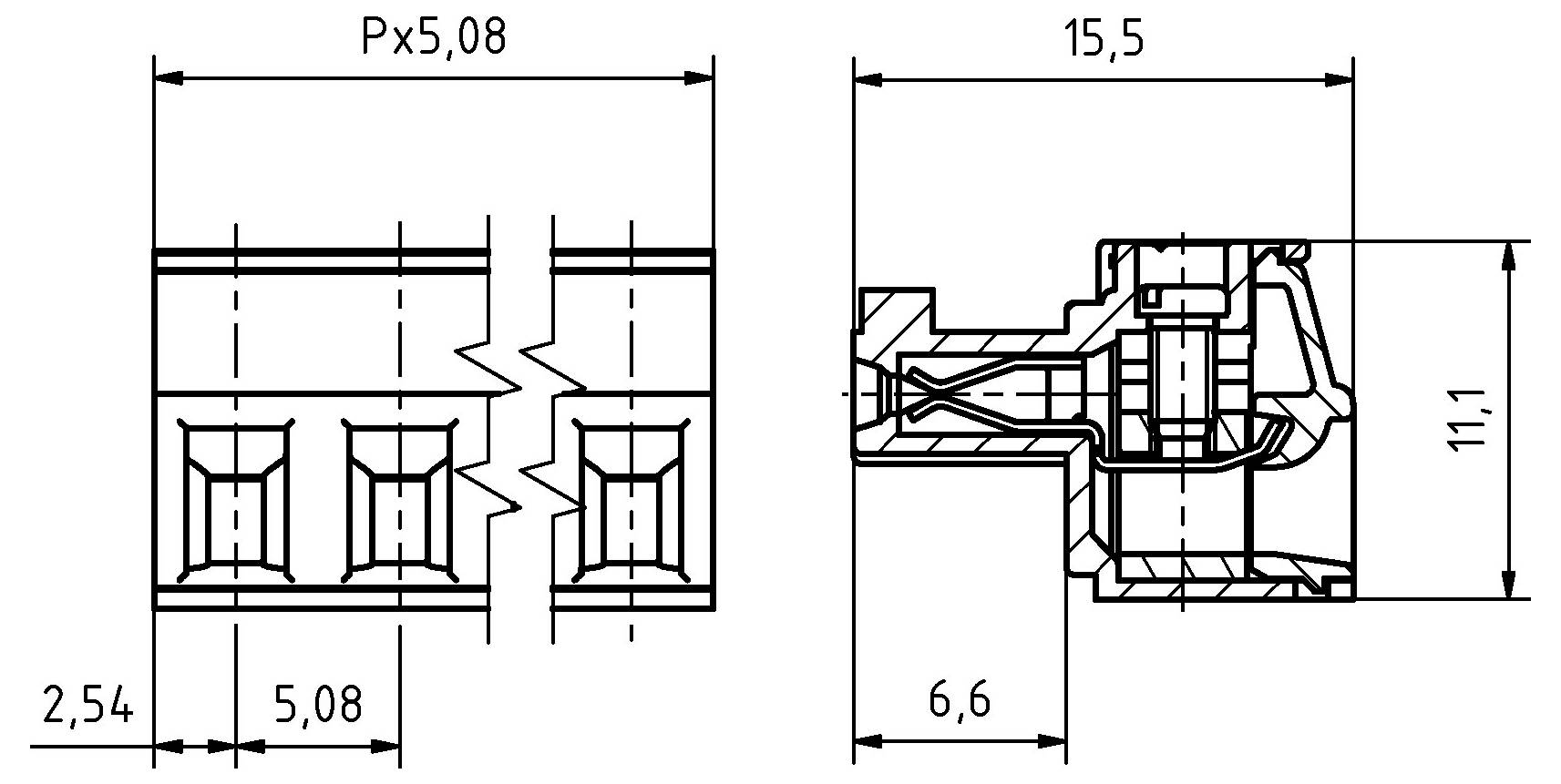Technische Zeichnung eines Steckers mit Abmessungen: 15,5mm Länge, 11,1mm Höhe und 6,6mm Breite für die Seitenansicht; Px5.08, 5.08mm und 2.54mm für die Draufsicht.