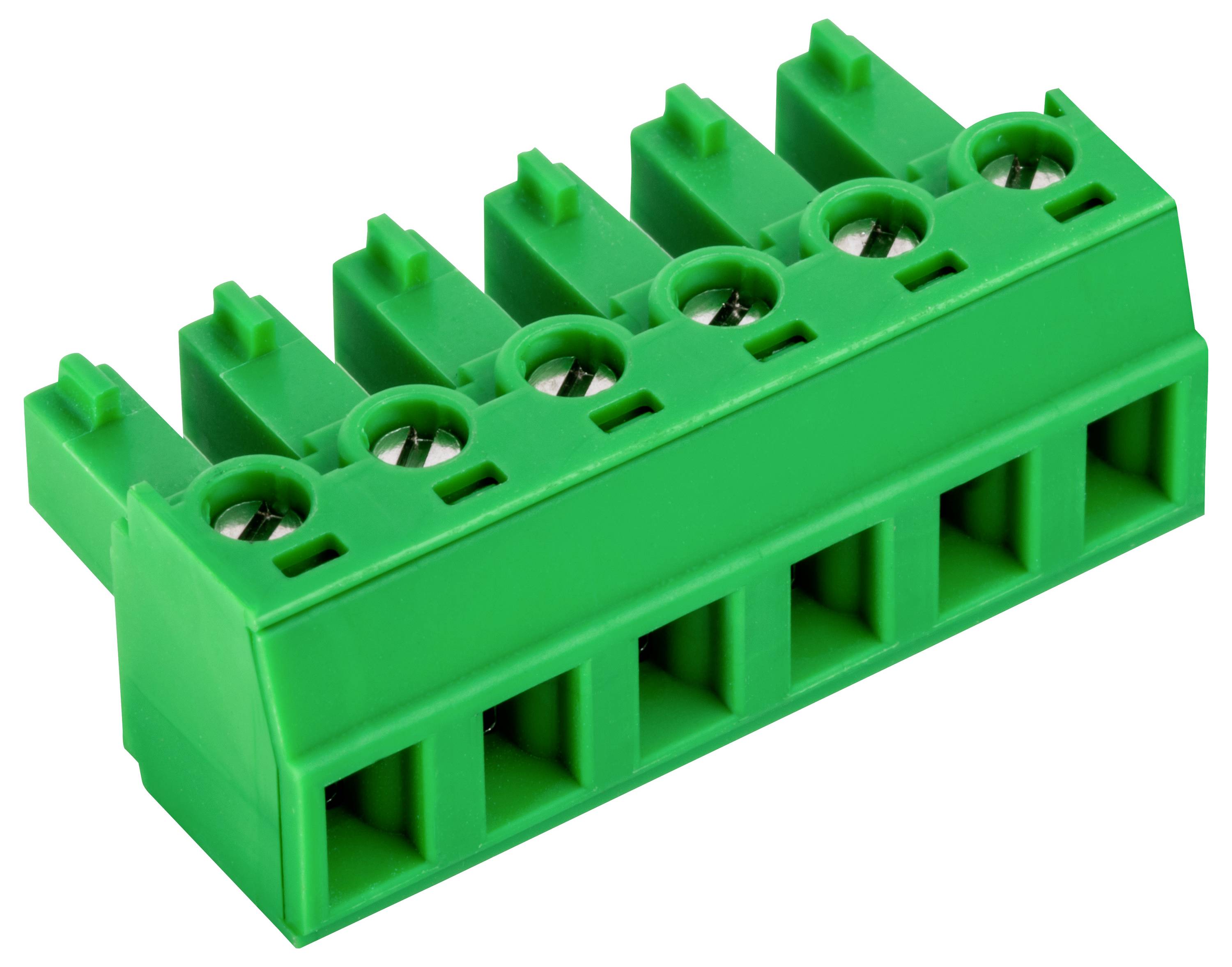 Ein grüner Klemmblock mit sechs Anschllusspunkten.