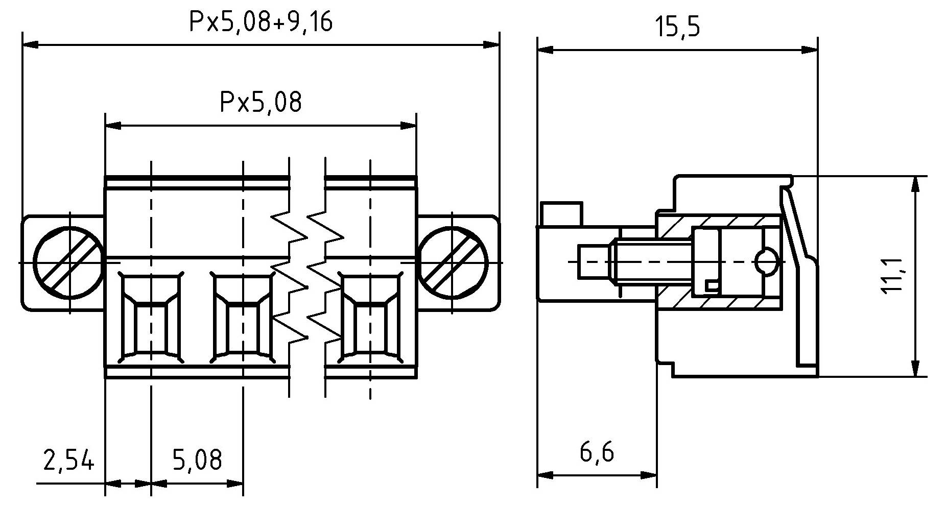Technische Zeichnung eines elektrischen Steckers mit Abmessungen. Breite: 15,5 mm, Höhe: 11,1 mm, Tiefe: 6,6 mm. Stiftabstand beschriftet Px5,08.
