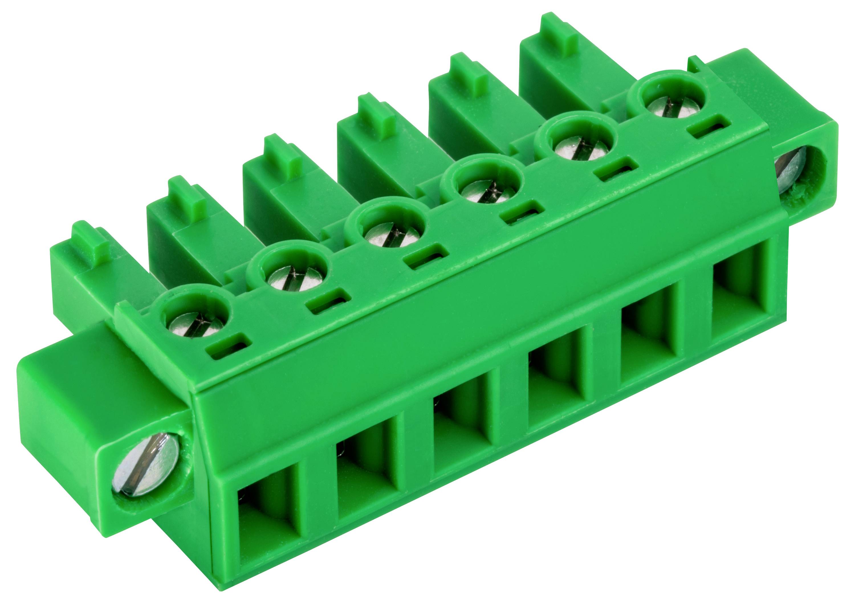 Grüner Klemmleistenkonnektor mit sechs Schraubklemmen für elektrische Verdrahtung.