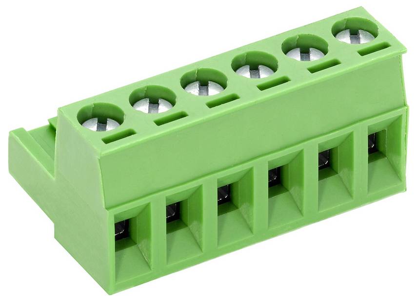 Ein grünes Anschlussleistenelement mit sechs Verbindungspunkten, das für die elektrische Verkabelung und sichere Befestigung von Drahtenden in elektronischen Geräten verwendet wird.