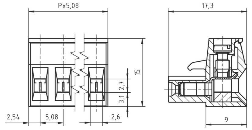 Technische Zeichnung eines Steckers mit mehreren beschrifteten Abmessungen, einschließlich 15 mm Höhe, 17,3 mm Länge und 9 mm Breite.