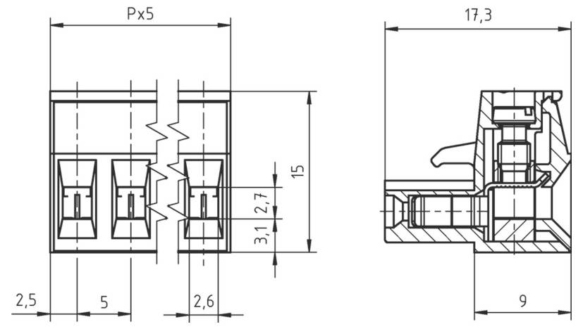 Technische Zeichnung eines Steckergehäuses mit Abmessungen. Front- und Seitenansichten zeigen Messungen in Millimetern für detaillierte Referenz.