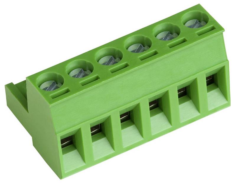 Ein grüner Elektroanschlussblock mit sechs Anschlusspunkten, der zum Befestigen und Organisieren von elektrischen Leitungen in Schaltungsanordnungen verwendet wird.