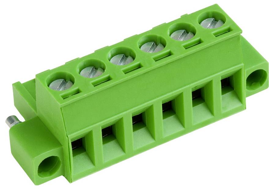Ein grünes Elektroklemmenblock mit fünf Drahtverbindungspunkten, verwendet zum Sichern von Drähten in Stromkreisen.