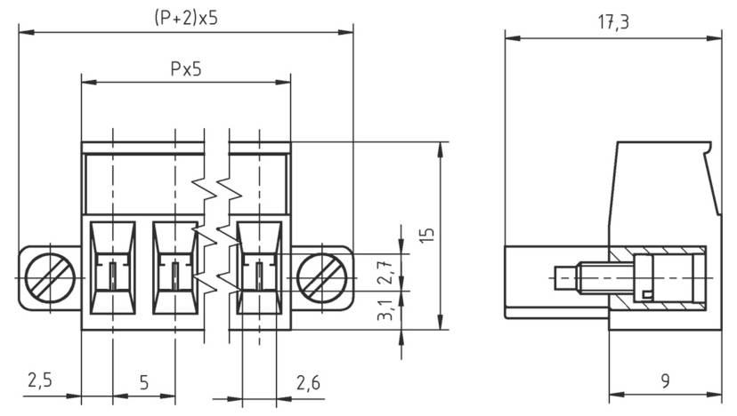 Technische Zeichnung eines elektrischen Steckers mit Abmessungen: Länge 17,3, Höhe 15 und verschiedenen Messungen für Teile und Abstände.
