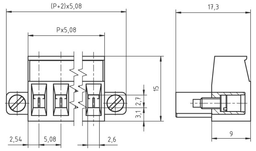 Technisches Schaltbild eines 3-poligen Anschlussblocks. Abmessungen: 25,6 mm Breite, 15 mm Höhe, 8,3 mm Tiefe. Polanschlussabstand: 5,08 mm.