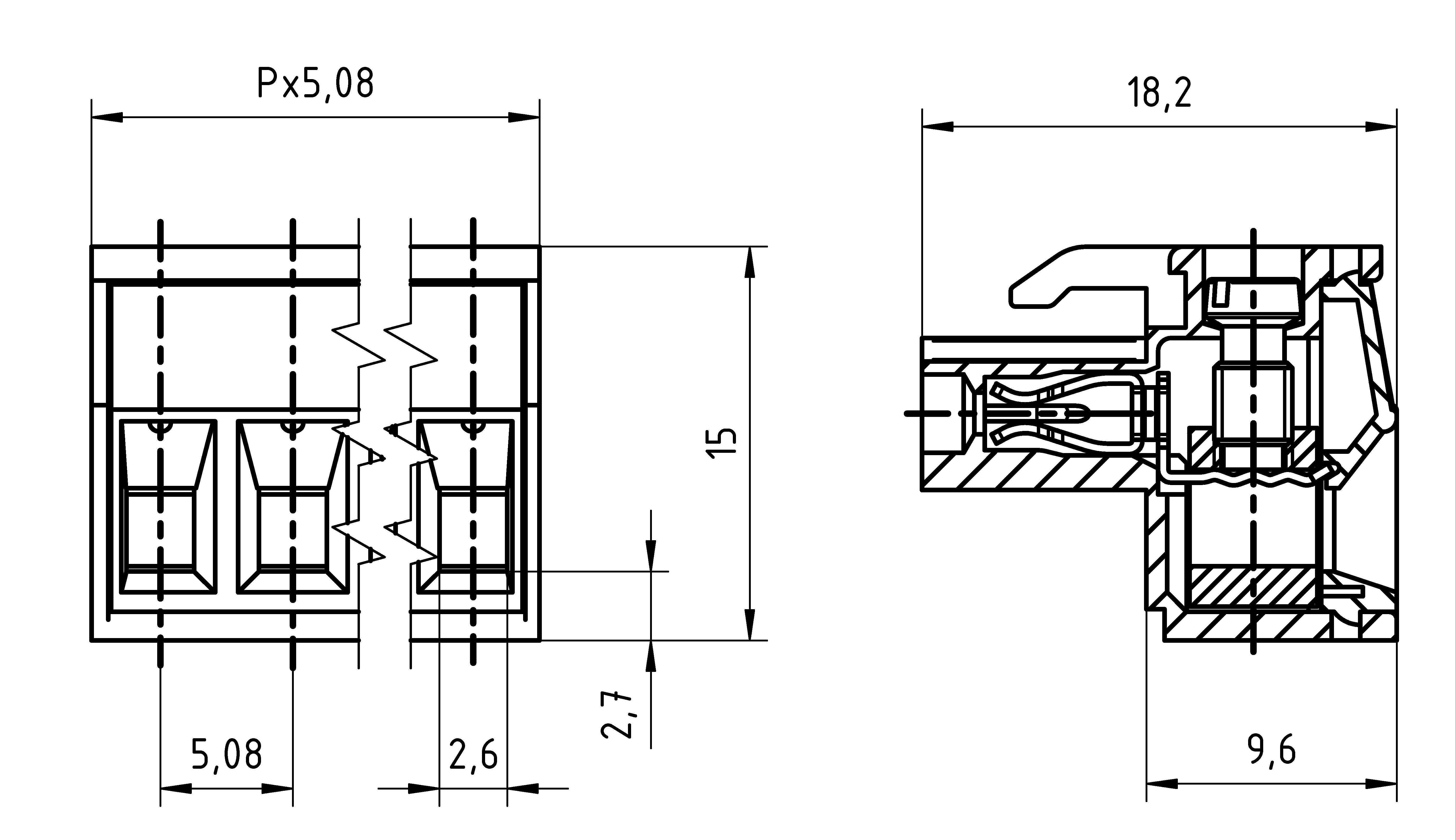 Technische Zeichnung eines elektronischen Steckers mit Abmessungen: 5,08 Abstand, 15 mm Höhe, 2,6 mm Breite an der engsten Stelle, 9,6 mm Breite in der Seitenansicht.