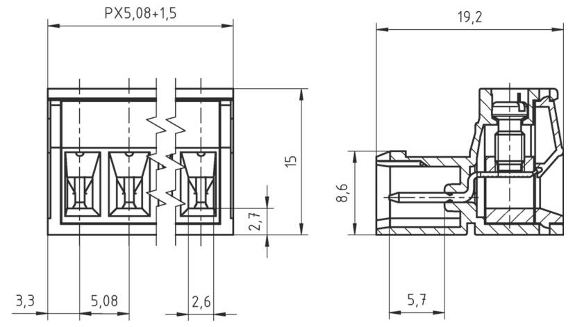 Technische Zeichnung eines Steckers, die Vorder- und Seitenansichten mit genauen Abmessungen in Millimetern zeigt.