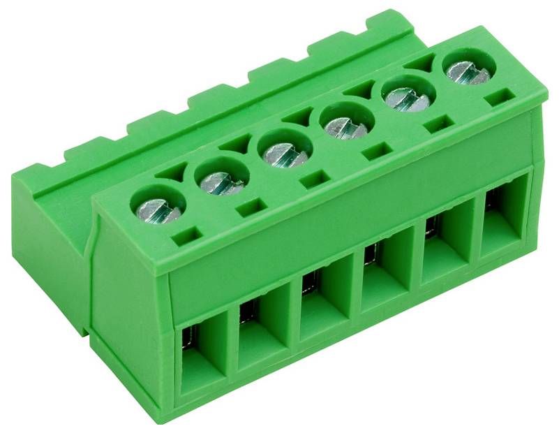 Ein grüner Klemmblock-Stecker mit sechs Anschlüssen, wobei jeder Anschluss eine Schraube zum Befestigen von Drähten enthält, die in elektrischen Anwendungen verwendet werden.