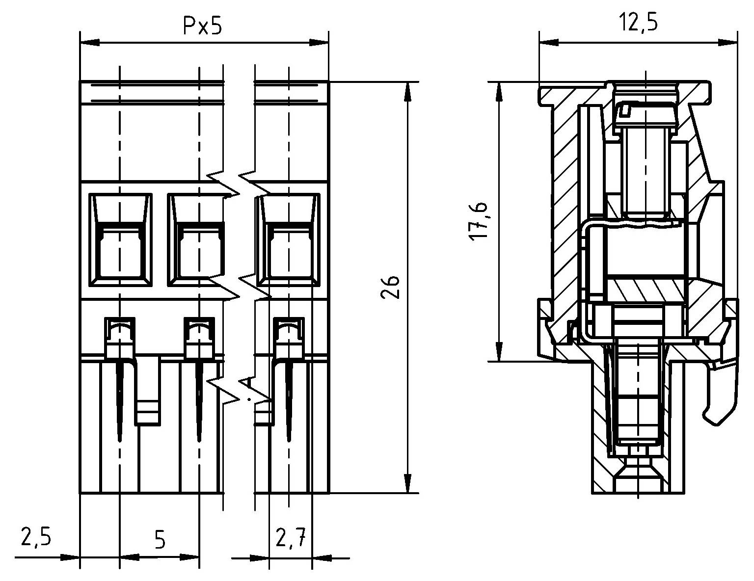 Technische Zeichnung eines Steckers mit Vorder- und Seitenansicht sowie Maßangaben: Breite 12,5 mm, Höhe 17,6 mm, Tiefe 26 mm.