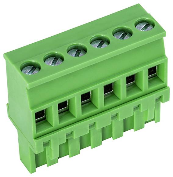 Grüner Klemmblock-Anschluss mit sechs Anschlüssen und Metallschrauben für die Elektroverkabelung, häufig in Schaltungsinstallationen und Schaltschränken verwendet.