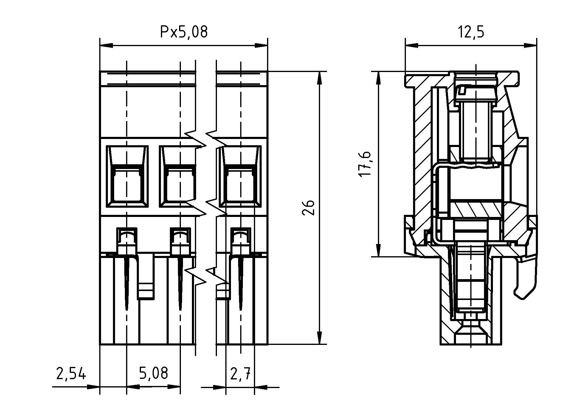 Technische Zeichnung eines Steckers mit Vorder- und Seitenansicht sowie detaillierten Abmessungen: 2,54 mm, 5,08 mm, 12,5 mm, 17,6 mm und 26 mm.
