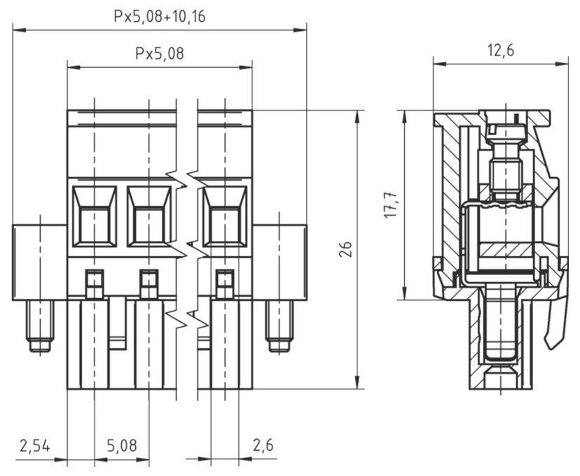 Technische Zeichnung eines Steckers, die Vorder- und Seitenansicht mit detaillierten Abmessungen in Millimetern zeigt, mit Hervorhebung von Abmessungen und Abstände.