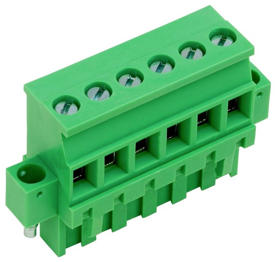 Grüner elektrischer Anschlussklemmenblock mit sechs Anschlusspunkten für Verkabelung, mit kompaktem und modularem Design für einfache Installation.