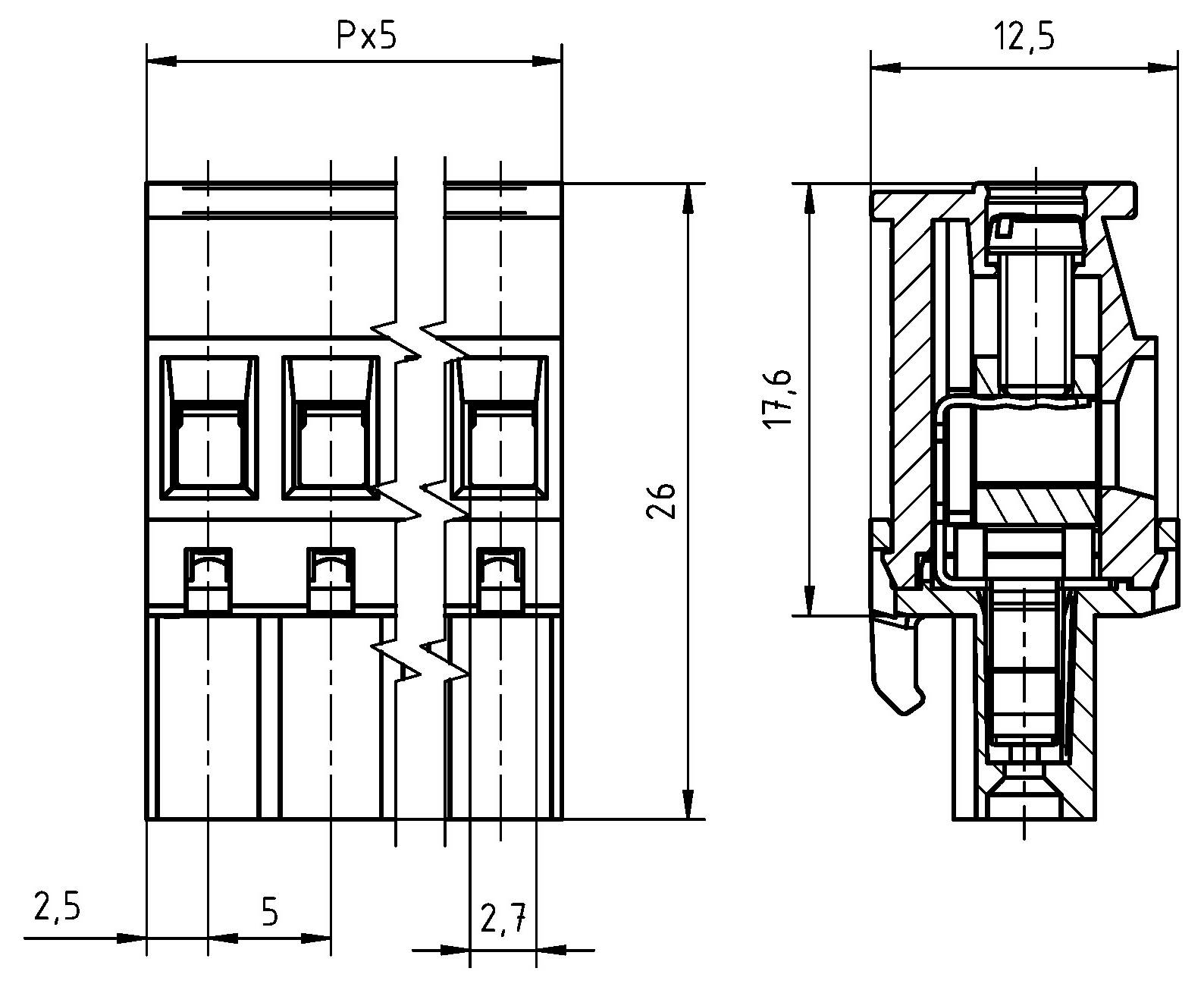 „Technische Zeichnung eines Verbindungsblocks mit Abmessungen. Die Vorderansicht zeigt die Positionierung der Kontakte; der seitliche Querschnitt hebt die innere Struktur hervor.