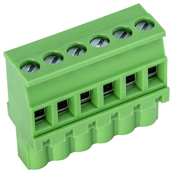 Grüner Klemmleistenverbinder mit sechs Anschlüssen zum Verdrahten, verwendet zum Verbinden von Stromkreisen in elektronischen Geräten.
