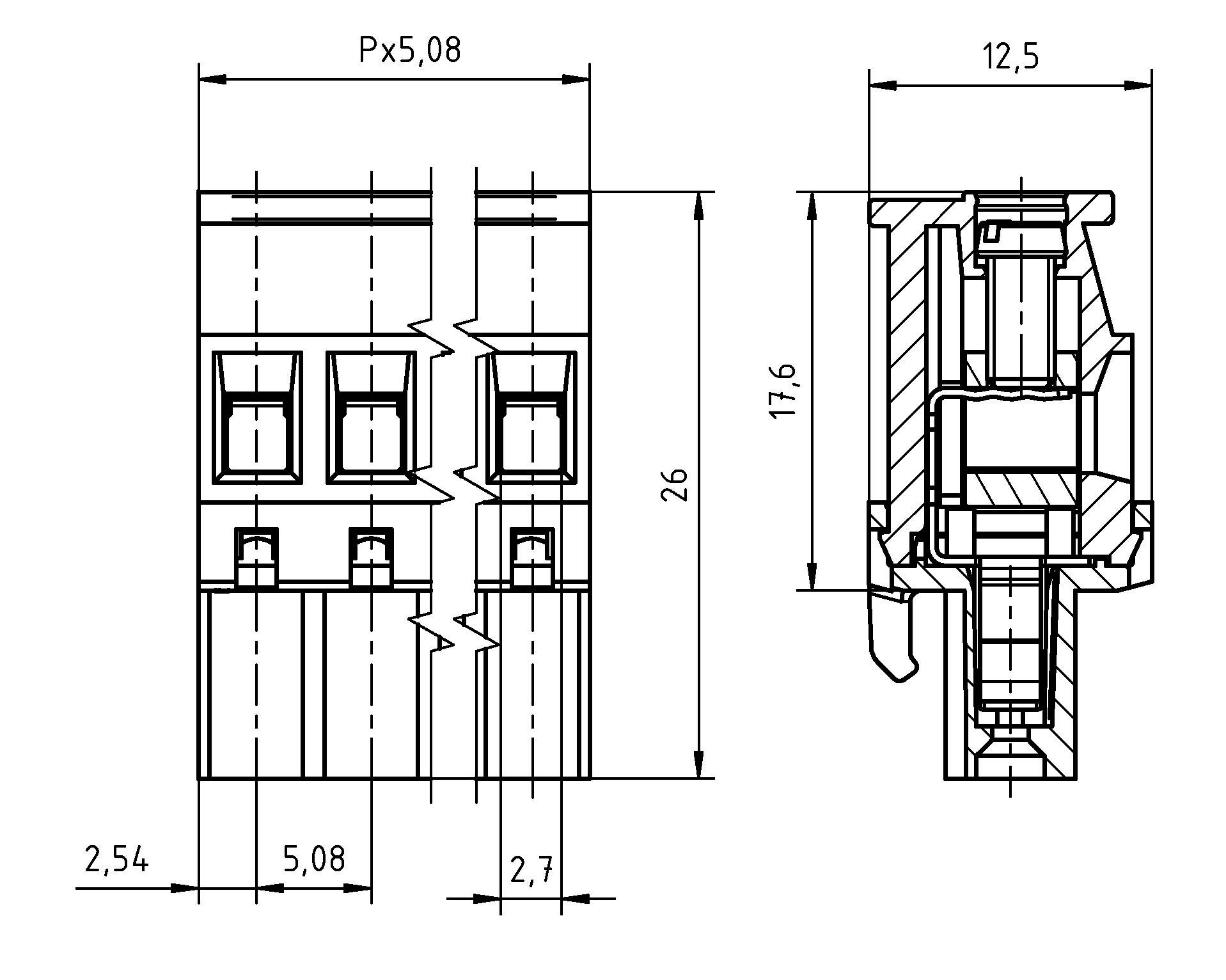 Technische Zeichnung eines elektrischen Steckers mit zwei Ansichten: Vorderansicht mit Abmessungen von 26 mm Höhe, 2,54 mm Stiftabstand; Seitenansicht mit detailliertem Querschnitt und Maßen.