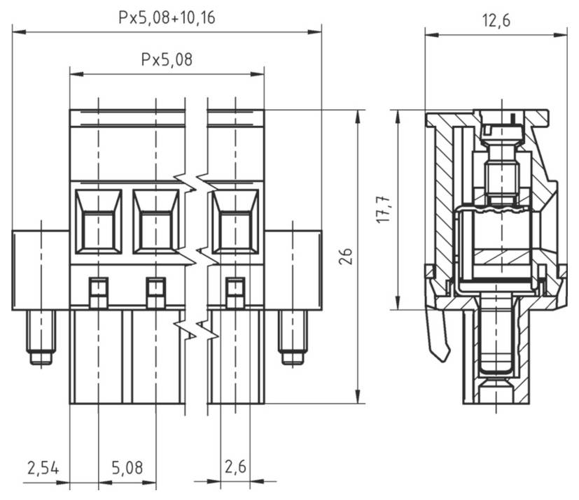 Eine technische Zeichnung eines elektrischen Steckers mit gekennzeichneten Abmessungen, die Vorder- und Seitenansichten zeigt, mit Abmessungen in Millimetern.
