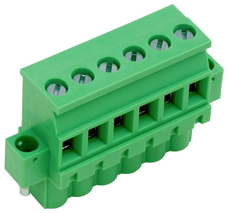 Ein grünes Kunststoff-Klemmblock mit sechs Schraubklemmen für elektrische Verbindungen, konzipiert zur Montage auf einer Leiterplatte.