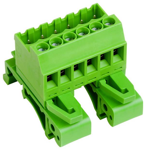 Ein grünes, kunststoffes Klemmleistenblock mit mehreren Anschlüssen, die zum Befestigen und Verbinden von elektrischen Drähten in Schaltkreisen verwendet werden.