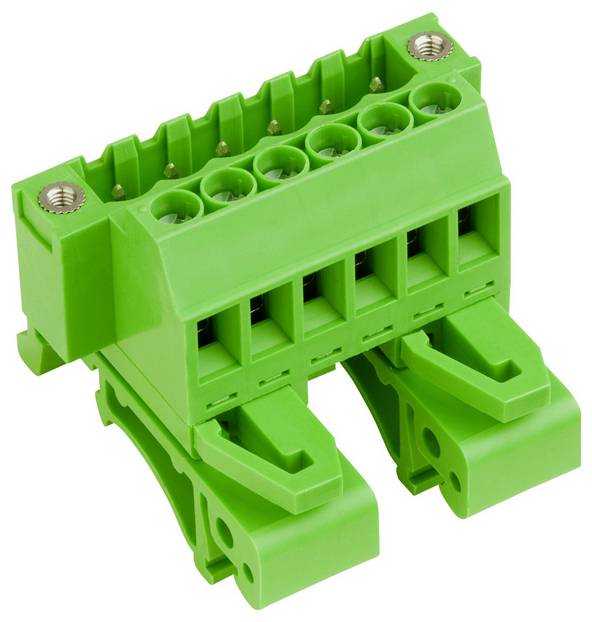 Grüner Klemmblock mit mehreren Anschlüssen, verwendet für die elektrische Verkabelung in elektronischen Schaltkreisen.