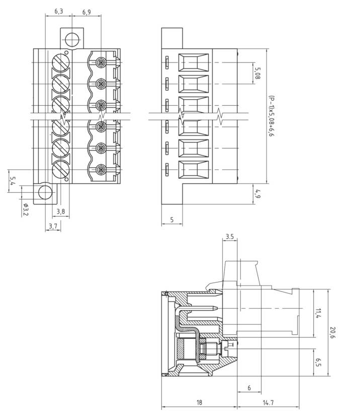 Technische Zeichnung eines elektrischen Steckers mit Vorder- und Seitenansicht, zeigt Abmessungen und Komponentendetails für Montagereferenz.