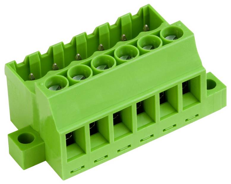 Grüner Elektro-Klemmblock mit sechs Schraubverbindungen zur sicheren Drahtbefestigung, verwendet in elektronischen und elektrischen Anwendungen.
