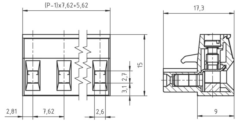 Technische Schematiken eines elektrischen Steckers mit Front- und Seitenansichten sowie detaillierten Abmessungen in Millimetern.