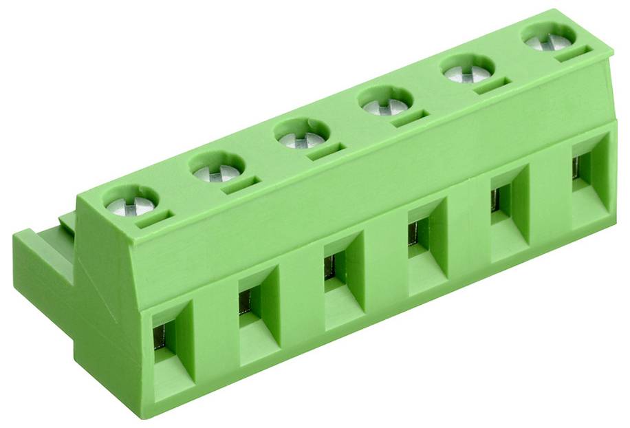 Ein grüner Klemmblock mit fünf Anschlüssen, verwendet zum Befestigen von Elektrokabeln.