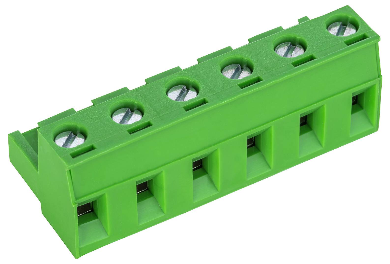 Ein grüner Kunststoff-Elektronik-Klemmenblock mit fünf Schraubklemmen zum Befestigen von Drähten.