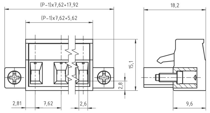Technische Zeichnung eines dreipoligen Steckers mit Abmessungen und Seitenansicht. Wichtige Maße umfassen Breite, Höhe und Pinabstand.