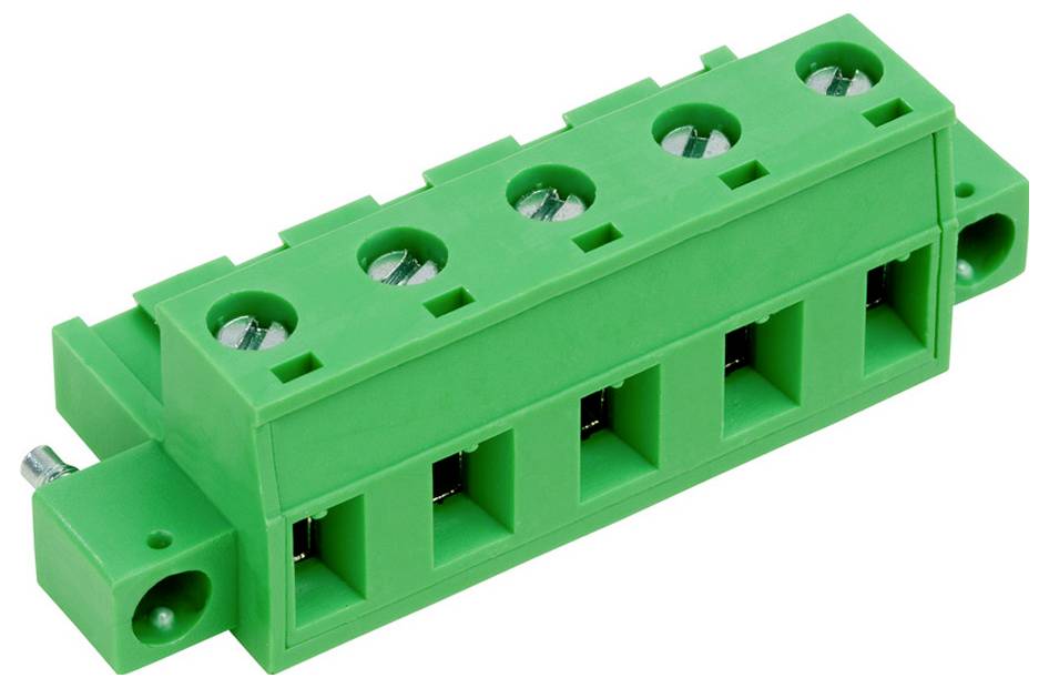 Ein grüner rechteckiger Klemmblock mit fünf Schraubklemmen, verwendet zum Befestigen von elektrischen Drähten in elektronischen Geräten.
