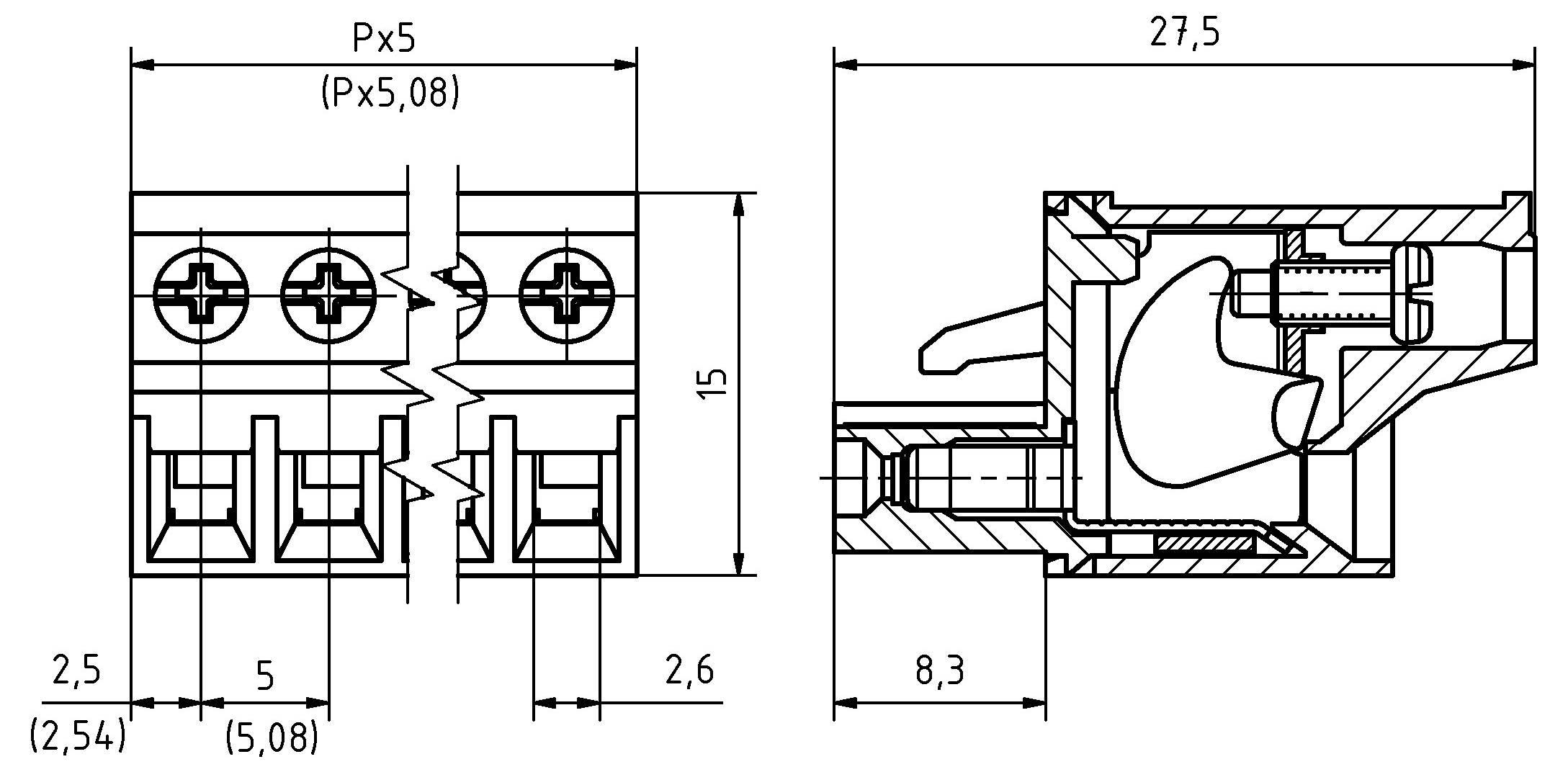 Technische Zeichnung eines Elektrosteckers mit zwei Ansichten: Vorderansicht mit Abmessungen und Querschnitt mit Details der inneren Komponenten.
