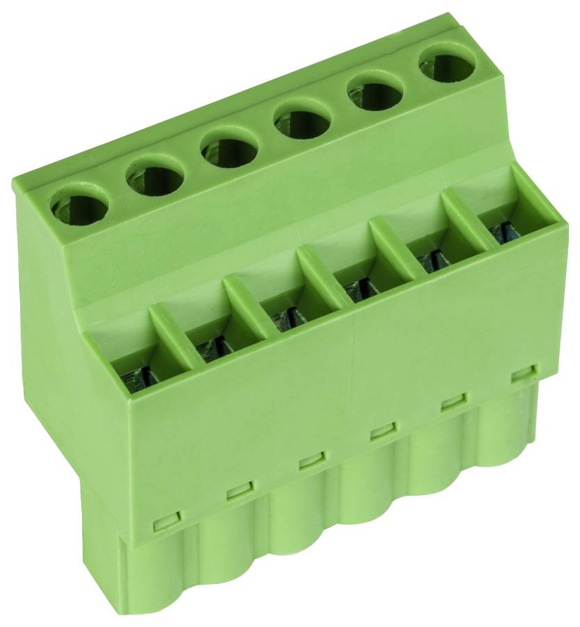 Ein grüner Anschlussblock mit sechs Polen und vertikalen Schlitzen für elektrische Verbindungen, der häufig in Verkabelungsanwendungen verwendet wird.